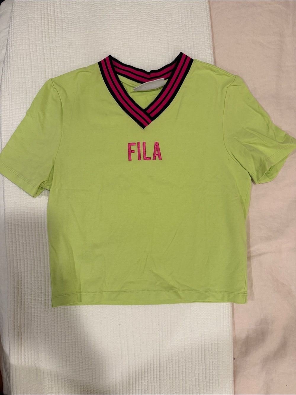 FILA Neon Lime V‑Neck Tee with Pink & Black Trim